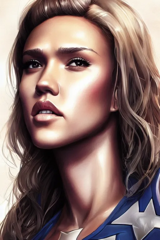 Image similar to jessica alba as captain america by artgerm, ross tran, wlop, masterpiece portrait