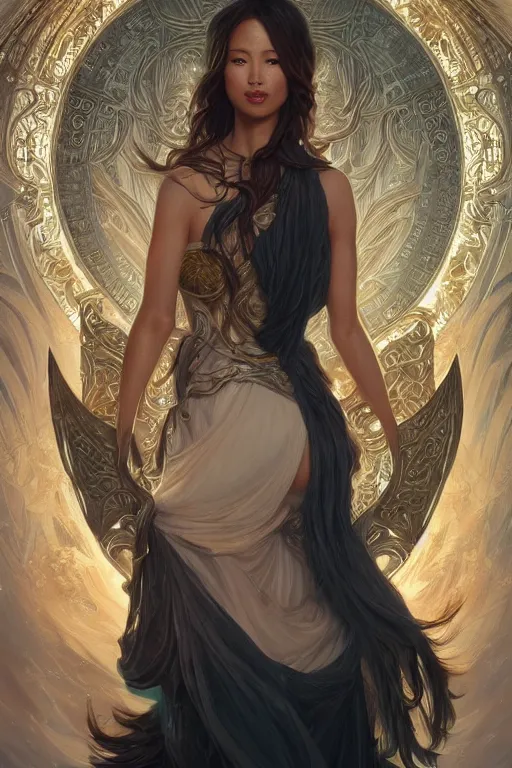 Image similar to ultra realistic illustration, a stunningly beautiful greek goddess of chaos played by jamie chung, intricate, elegant, highly detailed, digital painting, artstation, concept art, smooth, sharp focus, illustration, art by artgerm and greg rutkowski and alphonse mucha