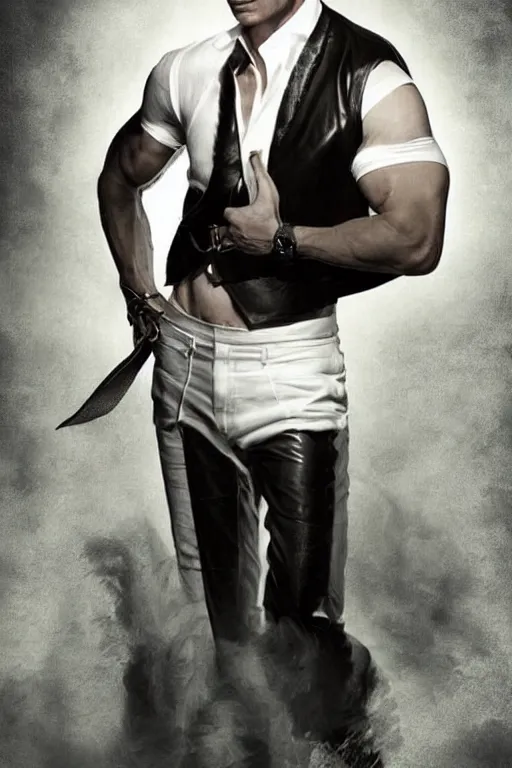 Image similar to romance novel cover with james bond wearing a leather vest and white linen pants, long swept back blond hair, chiseled good looks, muscular arms and chest, digital art