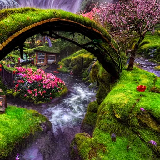 Image similar to spring festival at medieval hobbit village, ornate, beautiful, atmosphere, vibe, mist, smoke, fire, chimney, rain, wet, pristine, puddles, waterfall, melting, dripping, snow, creek, moss, ice, bridge, rainbow, cobble, jungle, roses, flowers, color page, 4 k, contest winner