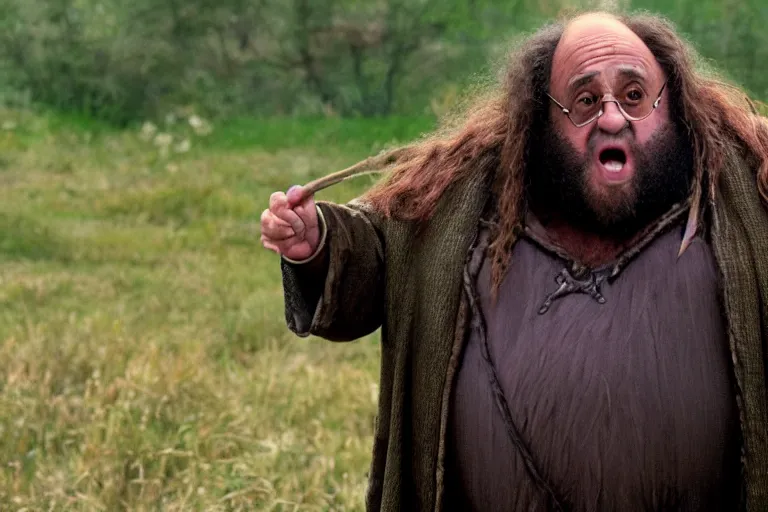 Prompt: film still Danny Devito as Rubeus Hagrid in Harry Potter movie