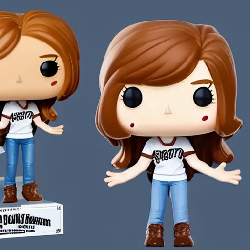 Prompt: funko pop figurine of cute girl with long straight brown hair and pale skin and white teeshirt and bluejeans with a microphone