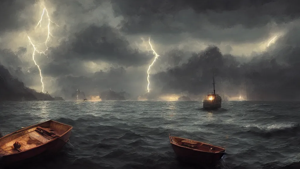 Image similar to small boat in foreground, giant big monster in the background, lightning in background, intricate, detailed, volumetric lighting, sharp focus, scenery, photorealism, digital painting, highly detailed, concept art, ruan jia, steve mccurry