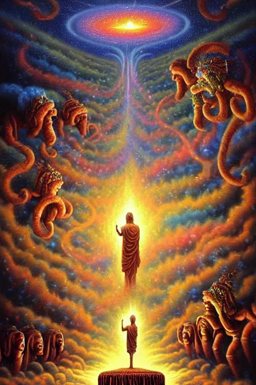 Prompt: a photorealistic detailed cinematic image of ornate beings guiding a departed soul to the afterlife. life review with god, remembering your life. met by friends and family, overjoyed, emotional by pinterest, david a. hardy, kinkade, lisa frank, wpa, public works mural, socialist