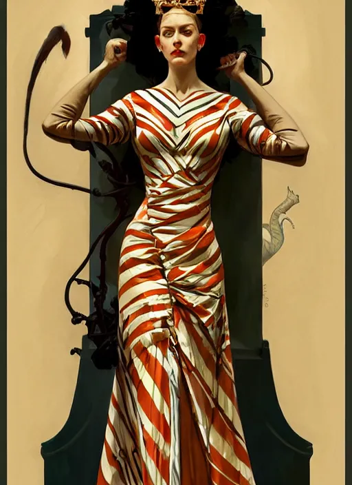 Image similar to leyendecker, brom, tiger striped high necked gown, lovely queen, portrait, long hair, small crown, feral languid woman, by greg rutkowski, anato finnstark, alphonse mucha, global illumination, radiant light