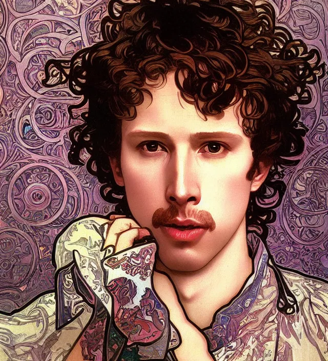 Image similar to detailed closeup portrait of napoleon dynamite by alphonse mucha, ayami kojima, yoshitaka amano