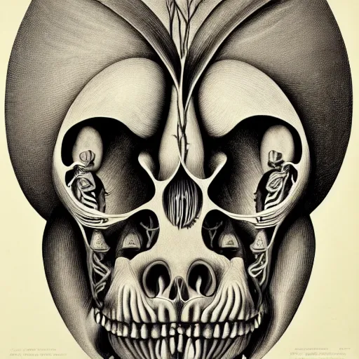 Image similar to surreal orchid head anatomical atlas dissection center cut, lithography on paper conceptual figurative ( post - morden ) monumental dynamic soft shadow portrait drawn by hogarth and escher, inspired by goya, illusion surreal art, highly conceptual figurative art, intricate detailed illustration, controversial poster art, polish poster art, geometrical drawings, no blur