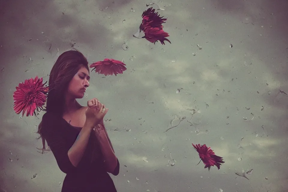 Prompt: her love comes with the wind, she cries, flowers fall from the sky