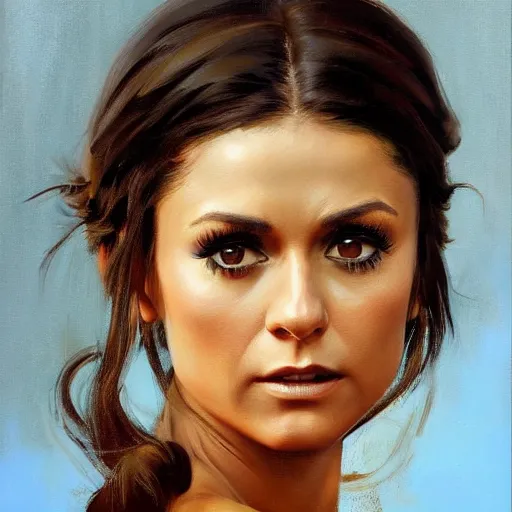 Prompt: ultra realistic portrait painting of nina dobrev in an old western, art by frank frazetta, 4 k, ultra realistic, highly detailed, epic lighting.