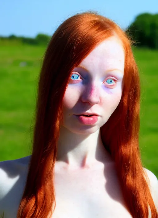 Image similar to close up portrait photograph of a thin young redhead woman with russian descent, sunbathed skin, with deep blue symmetrical!! eyes with round!! Black!! Pupils, and Wavy long maroon colored hair who looks directly at the camera, with a Slightly open mouth, face takes up half of the photo. a park visible in the background. 55mm nikon. Intricate. Very detailed 8k texture. Sharp. Cinematic post-processing. Award winning portrait photography. Sharp eyes.