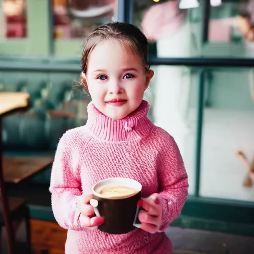 Image similar to cute girl in a pink sweater with a teddy bear sits in a cafe photo, medium shot, 8 5 mm