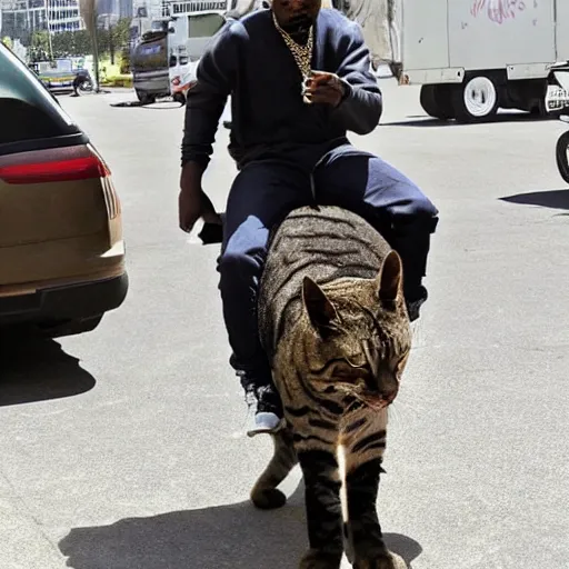 Prompt: Kanye West riding on the back of a giant cat