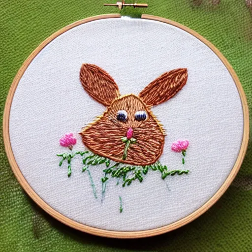Image similar to a tiny beautiful handmade embroidery of a rabbit. hand embroidery.