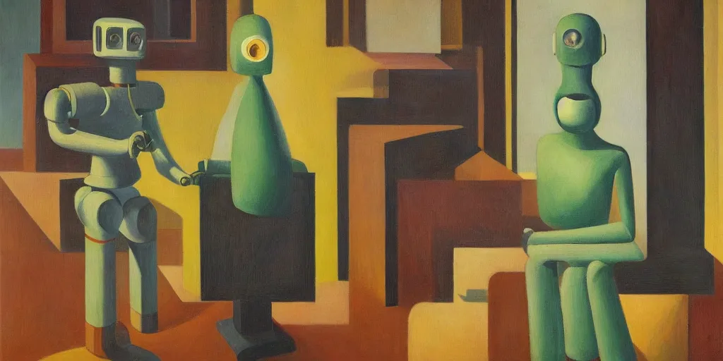 Prompt: robot portrait, visage, expressive, grant wood, pj crook, edward hopper, oil on canvas