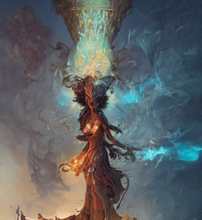 Image similar to full body illustration of a goddess, tarot card, dark souls colour scheme, establishing shot, coherent, high detailed, peter mohrbacher, kerem beyit, Karol Bak, Chris Cold, james gurney, dan mumford, featured on artstation