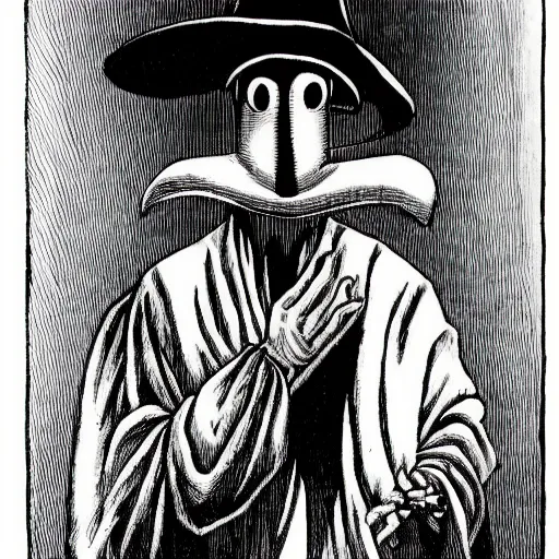 Image similar to the plague doctor, by Junji Ito, japanese horror, creepy and unsettling, a sense of danger