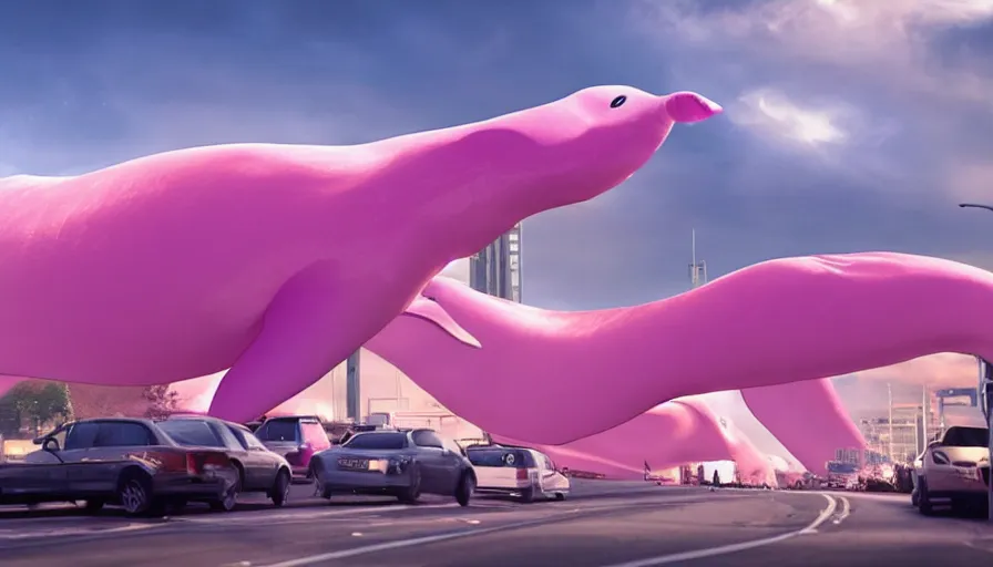 Prompt: a giant pink whale falling out of a blue sky onto cars on a busy bridge, cinematic lighting