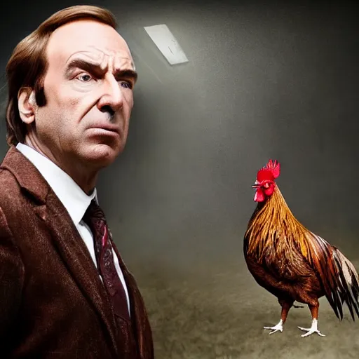 Prompt: saul goodman and a rooster in a medieval torture chamber, saw blades and knives in the background, horror movie, saul goodman, rooster, real life photo, detailed face