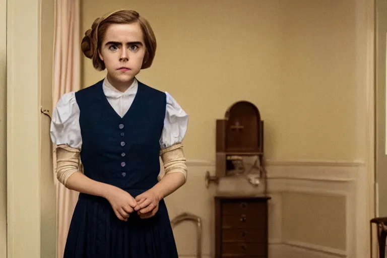 Image similar to wide-shot of Kiernan Shipka as the maid in the new movie directed by Wes Anderson, symmetrical shot, idiosyncratic, relentlessly detailed, pastel, limited colour palette, detailed face, movie still frame, promotional image, imax 70 mm footage