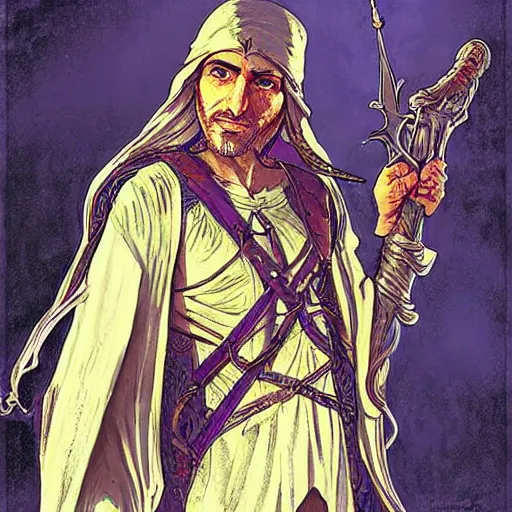 Image similar to Emeth the elven desert bandit. Arabian style. Epic portrait by james gurney and Alfonso mucha (lotr, witcher 3, dnd).