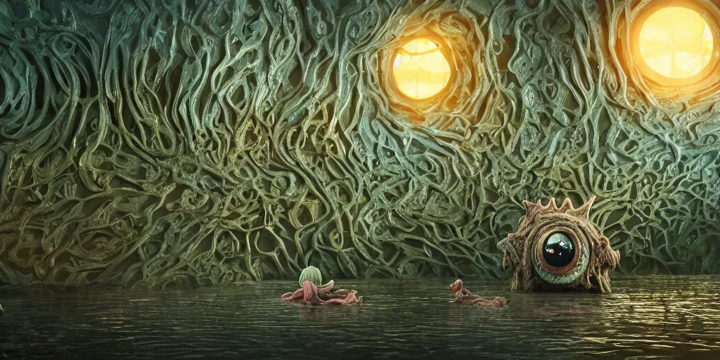 Image similar to of an intricate muddy lake water with strange cute friendly happy creatures with huge eyes, long tongue, round teeth and goofy funny face, appearing from the background, in the style of gehry and gaudi, macro lens, shallow depth of field, ultra detailed, digital painting, trending artstation, concept art, illustration, cinematic lighting, photorealism, epic, octane render