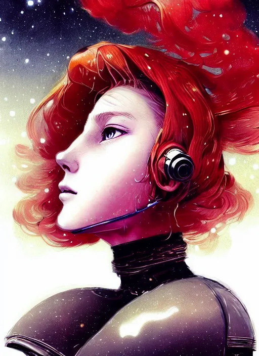 Prompt: highly detailed portrait of a hopeful pretty astronaut lady with a wavy blonde hair, by Jean-Baptiste Monge , 4k resolution, nier:automata inspired, bravely default inspired, vibrant but dreary but upflifting red, black and white color scheme!!! ((Space nebula background))
