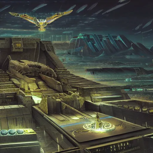 Image similar to an aerial scene of the beautiful intricate epic futuristic cybernetic sphinx in a cyberpunk pharaoh city, floating pyramids in the background, hyper detailed, cinematic lighting