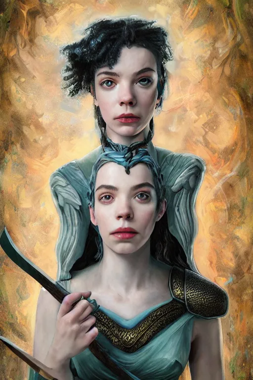 Prompt: A fantasy comic book style, portrait painting of, Anya Taylor-Joy, composite hybrid, Oona Chaplin, as a youthful, Reptilian, Atlantean Warrior, Mystical Valkyrie, Modest light Armor, Sword, Sheild, Spear, François Boucher, Oil Painting, unreal 5, DAZ, hyper-realistic, Photorealistic, octane render, Regal, Refined, Coherent, Detailed Digital Art, RPG portrait, William-Adolphe Bouguereau, Michael Cheval, Walt Disney (1937), Steampunk, Hieronymus Bosch, Golden dappled dynamic lighting, Highly Detailed, Theophanic atmosphere, Cinematic Lighting, Unreal Engine, 8k, HD