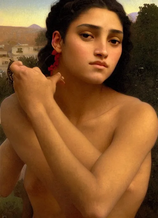 Prompt: portrait of beautiful young angelic Maori female model, with facial tattoo, golden hour lighting by William Adolphe Bouguereau