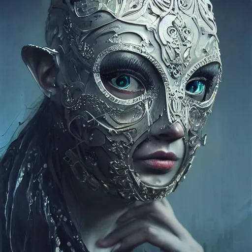 Image similar to Very very very very highly detailed epic central composition studio photography of face with venetian mask, intricate, dystopian, sci-fi, extremely detailed, digital painting, artstation, concept art, smooth, sharp focus, illustration, intimidating lighting, incredible art by Anna Dittmann and Anton Pieck and Vincent di Fate