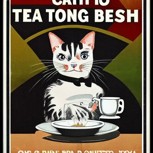 Image similar to british cat sipping on tea, propaganda poster