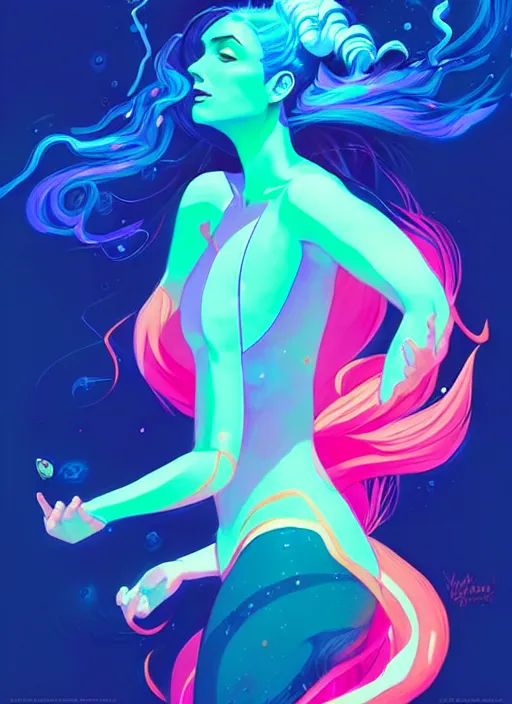Image similar to style artgerm, joshua middleton, illustration, mermaid wearing neon clothing, blue hair, swirling water cosmos, fantasy, dnd, cinematic lighting