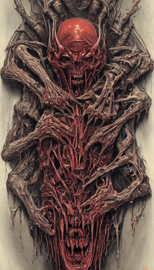 Image similar to Doom themed painting of symmetrical torso demon dissection anatomy with extended evil hands concept, intricate artwork by H.R. Giger, Johnatan Wayshak, Zdizslaw Beksinski, Ayami Kojima, Amano, Karol Bak, Moebius, and Mark Brooks, Neo-Gothic, gothic, rich deep colors, art by Takato Yamamoto, masterpiece, face by Artgerm, very coherent artwork, cinematic, hyper realism, high detail, octane render, unreal engine, 8k, High contrast, golden ratio, trending on cgsociety