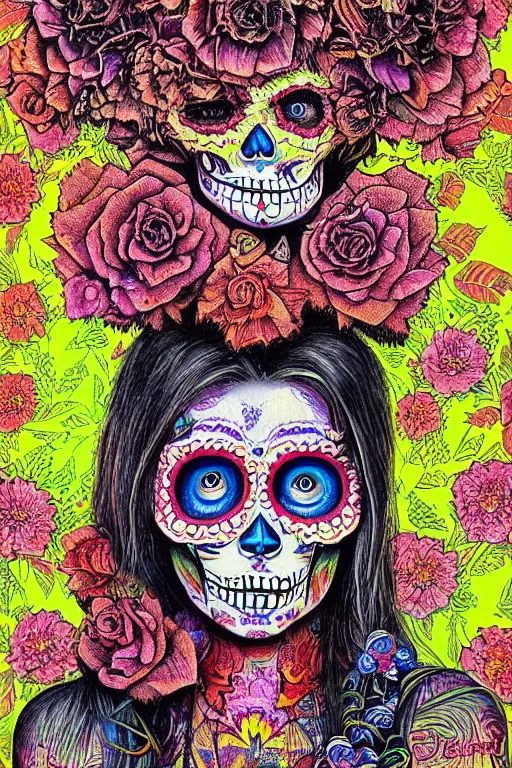 Image similar to realistic detailed psychedelic poster art of a cute Día de los Muertos girl by Victor Moscoso Rick Griffin Art Noveau, masterpiece