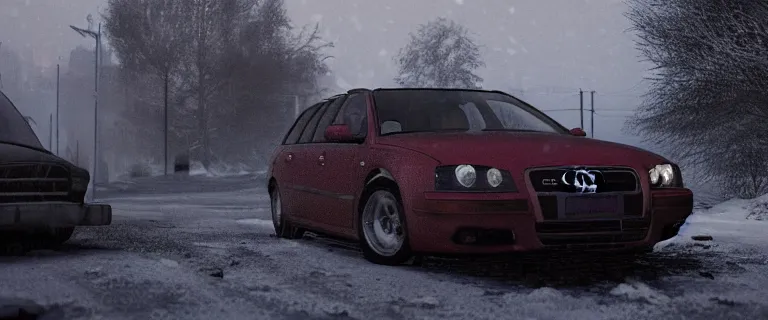 Image similar to Audi A4 B6 Avant (2002), a gritty neo-noir, dramatic lighting, cinematic, eerie person, death, homicide, homicide in the snow, viscera splattered, gunshots, bullet holes, establishing shot, extremely high detail, cracked windows, photorealistic, arson, cinematic lighting, artstation, by simon stalenhag, Max Payne (PC) (2001) winter New York at night, In the style of Max Payne 1 graphic novel, flashing lights, Poets of the Fall - Late Goodbye