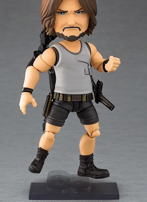 Image similar to kurt russell, a nendoroid of kurt russell is snake plisskin figurine, black tank top, grey pants, escape from new york, realistic face, detailed product photo