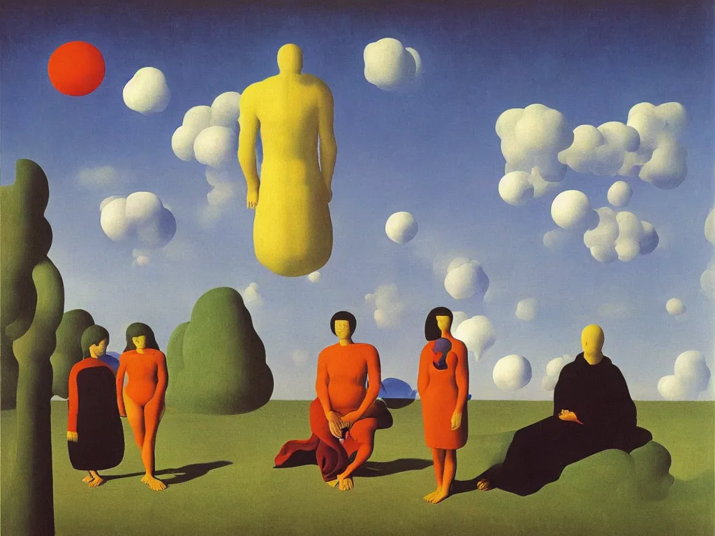 Image similar to cosmic lollipop with man and woman in meditation. painting by rene magritte, jan van eyck, max ernst, paul delvaux