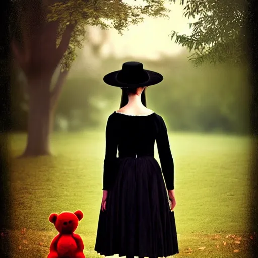 Image similar to a girl standing in a park, alone, wearing black dress and hat, holding teddy bear, detailed hands, by andrea kowch, dark, scene, magic realism