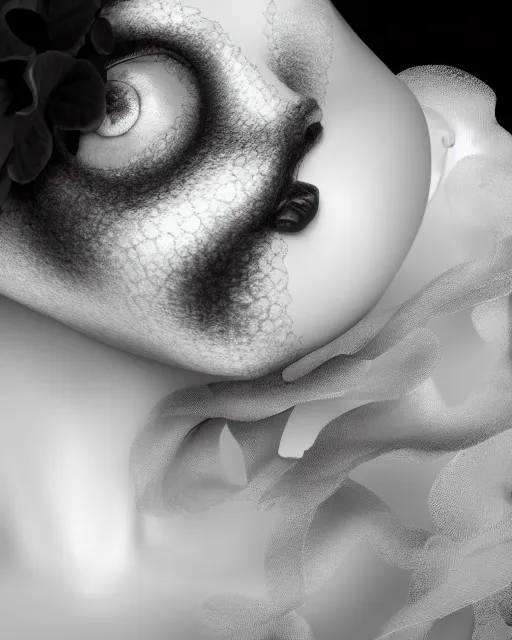 Image similar to black and white dreamy foggy poetic smoky profile face portrait, one silver steampunk realistic eye biomechanical beautiful angelic young female cyclope - cyborg - robot bust, body ribs meshes,, volumetric light, hibiscus flowers, by man ray, rim light, big gothic fashion pearl embroidered collar, 8 k
