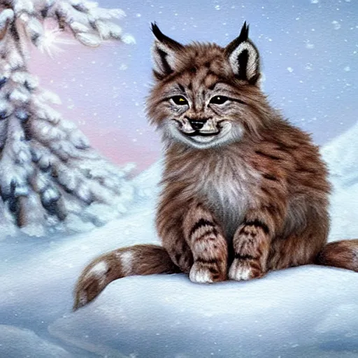 Image similar to cute fluffy hybrid animal cross between a baby lynx and lop eared bunny rabbit sitting in a snowy landscape detailed painting 4 k