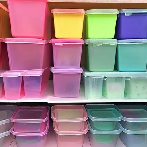 Prompt: a lot of empty plastic containers in a dollar store, pastel colors