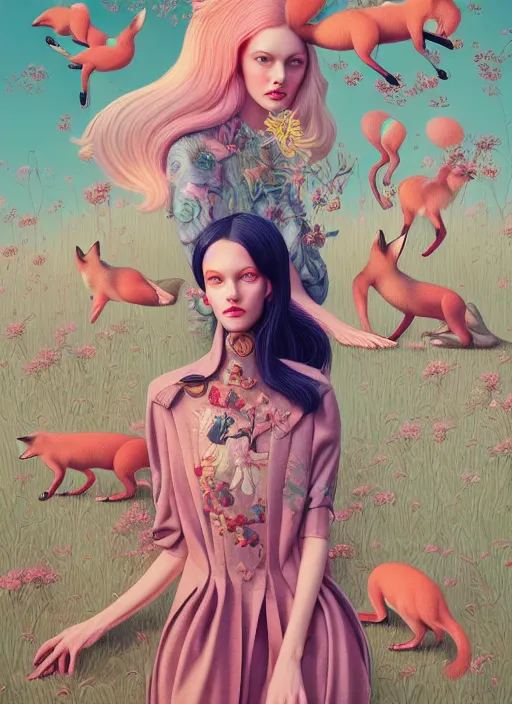 Image similar to pretty model with foxes : : by martine johanna and simon stalenhag and chie yoshii and casey weldon and wlop : : ornate, dynamic, particulate, rich colors, intricate, elegant, highly detailed, vogue, harper's bazaar art, fashion magazine, smooth, sharp focus, 8 k, octane render,