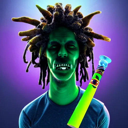 Prompt: alien smoking weed and getting high with, rips bong, raggae art, # 4 2 0, # smokeweedeveryday, rasta, 3 d art, octane render, matte, raytracing, intricate digital painting