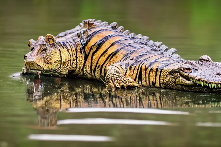 Image similar to an alligator tiger!!! hybrid! hyper realistic!! realistic lighting!! wildlife photographer of the year!!! bold natural colors, national geographic, hd, wide angle, 8 k