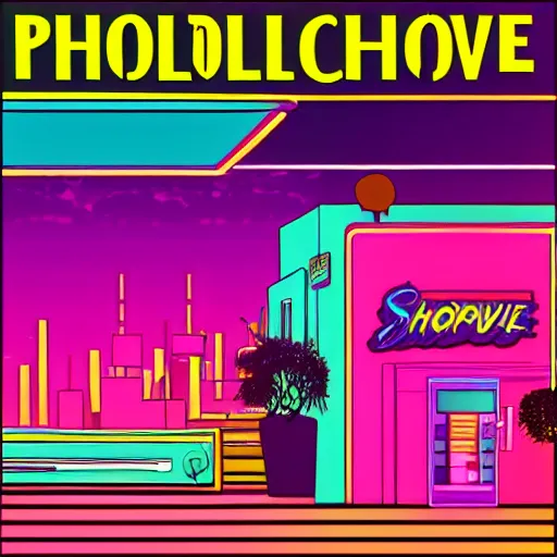 Prompt: chromatic, synthwave, 80's shop in a synthwave city