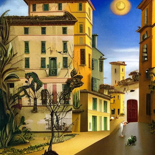 Prompt: solarpunk dreaming new York stock exchange in a toscana landscape with modern houses, painted by Salvador Dali, highly detailed