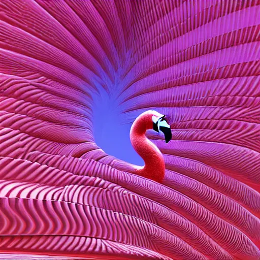 Image similar to 3 d mandelbulb fractal of a flamingo : : flamingo : : 3 d mandelbulb fractal : : visual depth, high quality, shadowing, fractal render : : pink, white : :