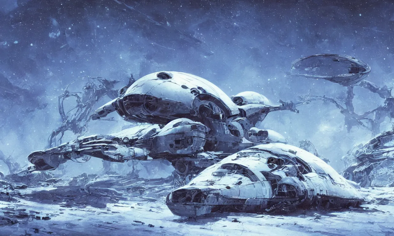 Image similar to remains of a derelict spaceship covered in snow on a frozen alien world, science-fiction, cinematic lighting, cinematic angle, Syd Mead, Federico Pelat, daylight, blue sky, spaceship in the sky