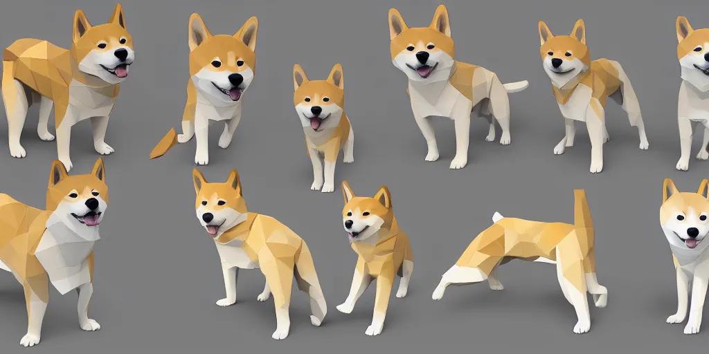 Image similar to concept art of low polygon 3 d render of shiba inu, doge meme, multiple variations, dynamic gestures