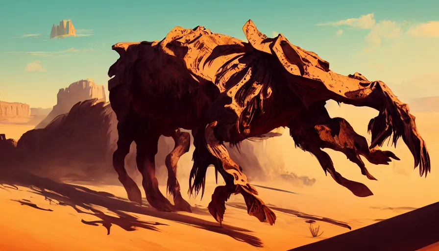 Image similar to concept art by jama jurabaev, cel shaded, cinematic shot, trending on artstation, high quality, brush stroke, ancient giant animal remains in the desert